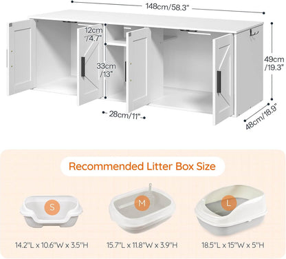 White corner cabinet with dimensions and recommended litter box size chart on a beige background