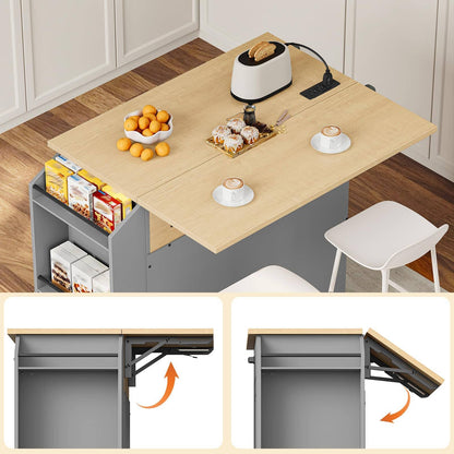 Collapsible kitchen table with storage compartments and a toaster on top, surrounded by kitchen items.