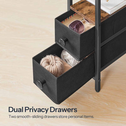 Close-up of the two black fabric collapsible drawers with handles at the bottom of the slim side table.