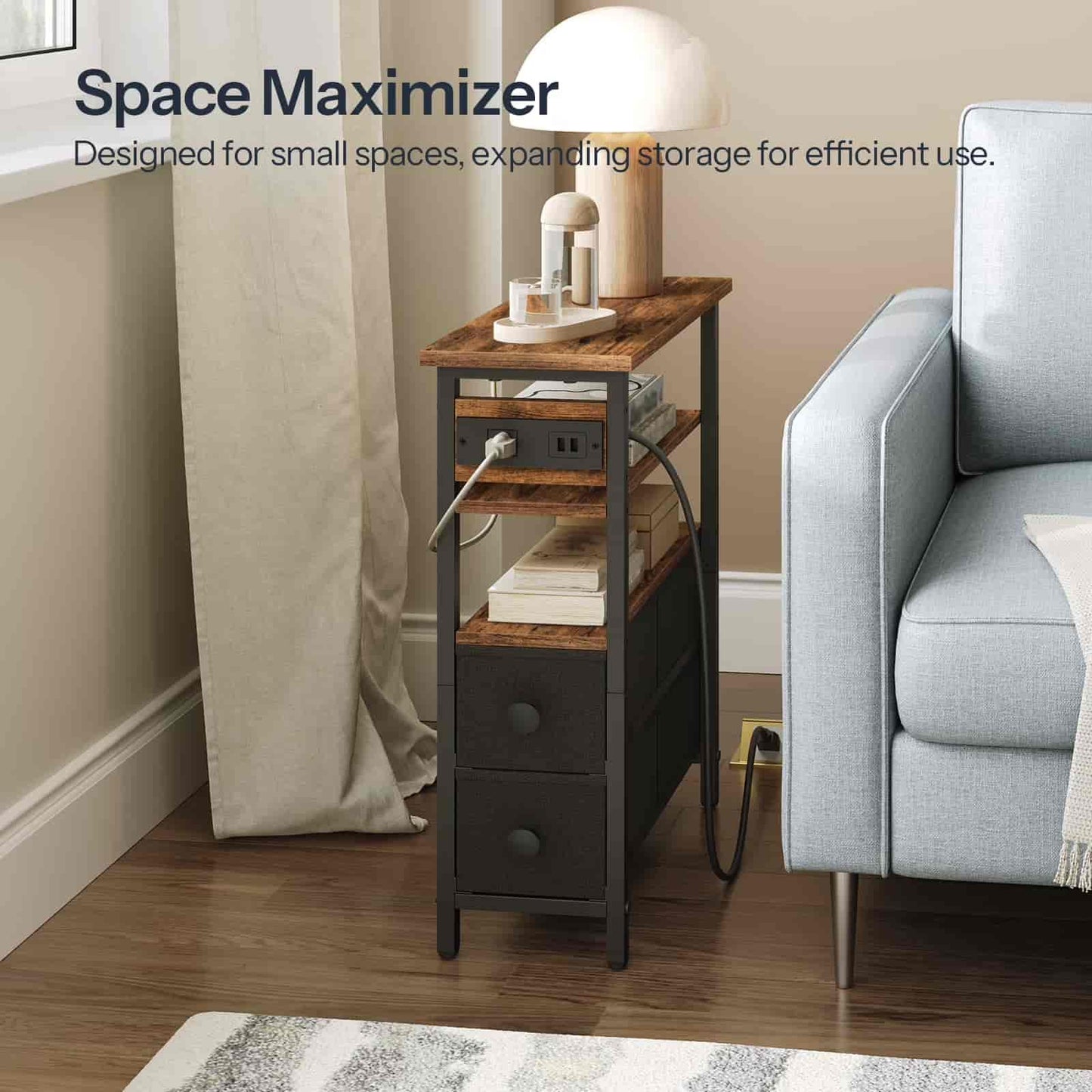 SpaceMaximizer side table in a living room setting with a gray sofa.