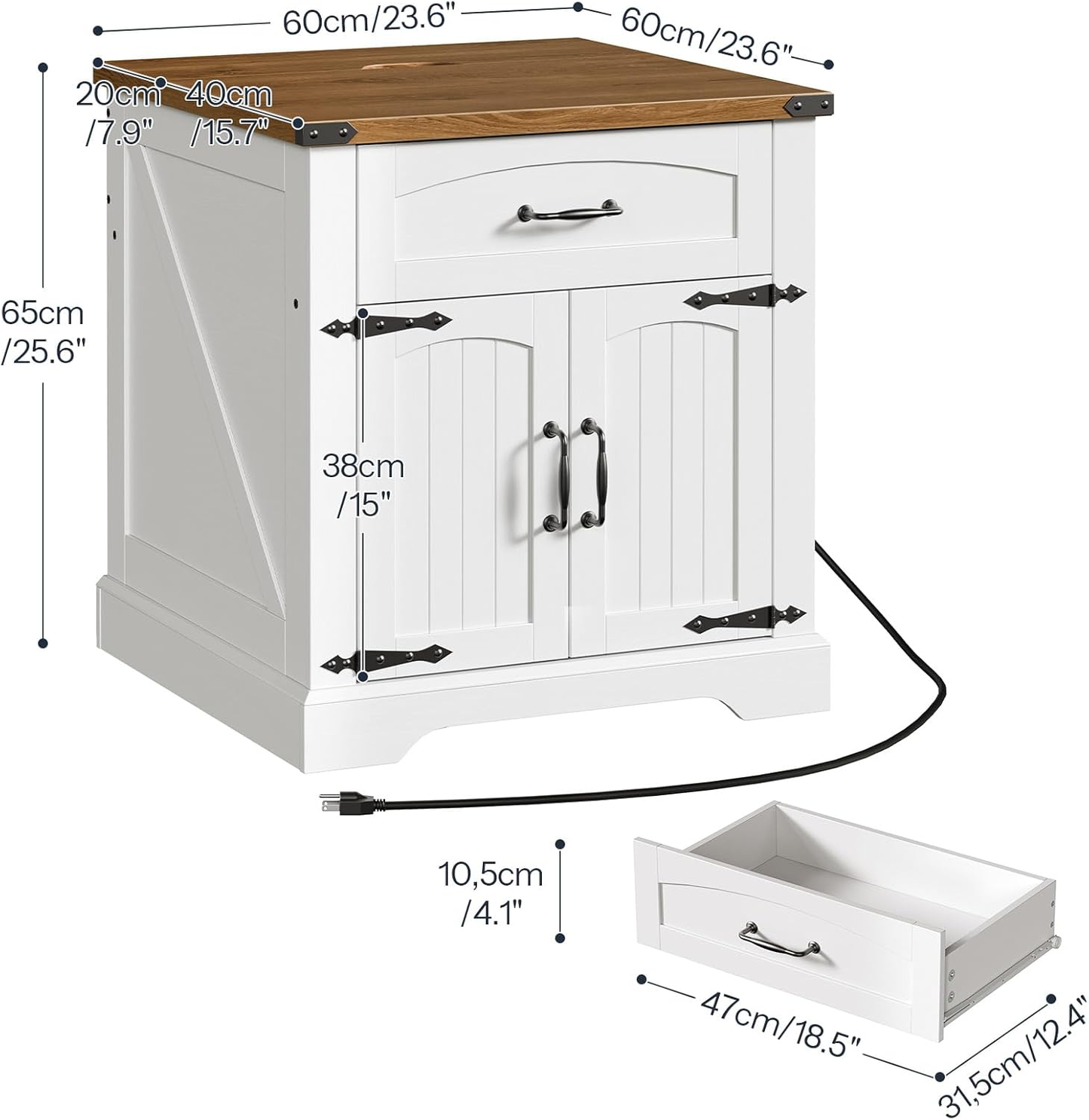 White cabinet with dimensions labeled on a white background