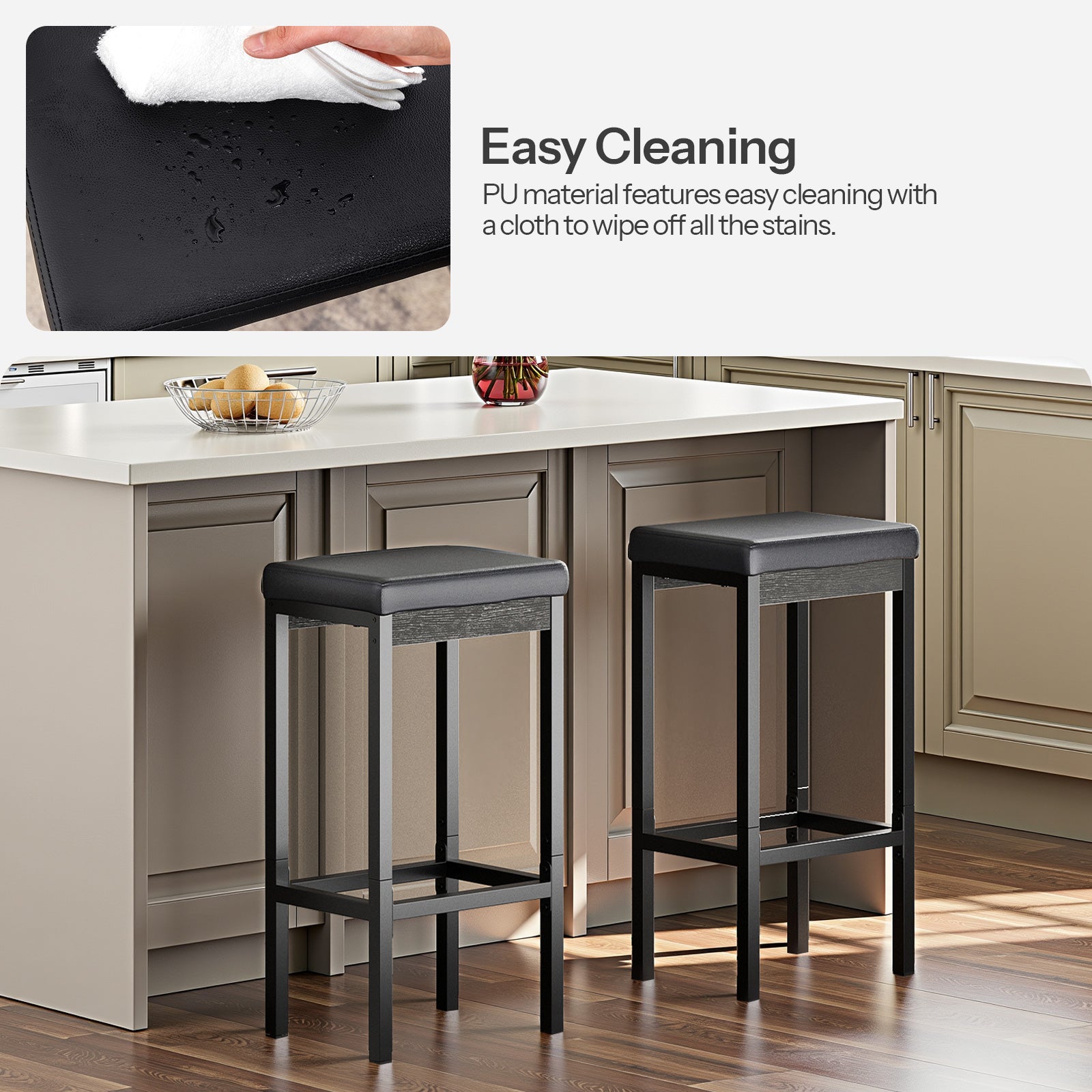 A hand wiping water spills easily from the waterproof PU leather bar stool seat cover.