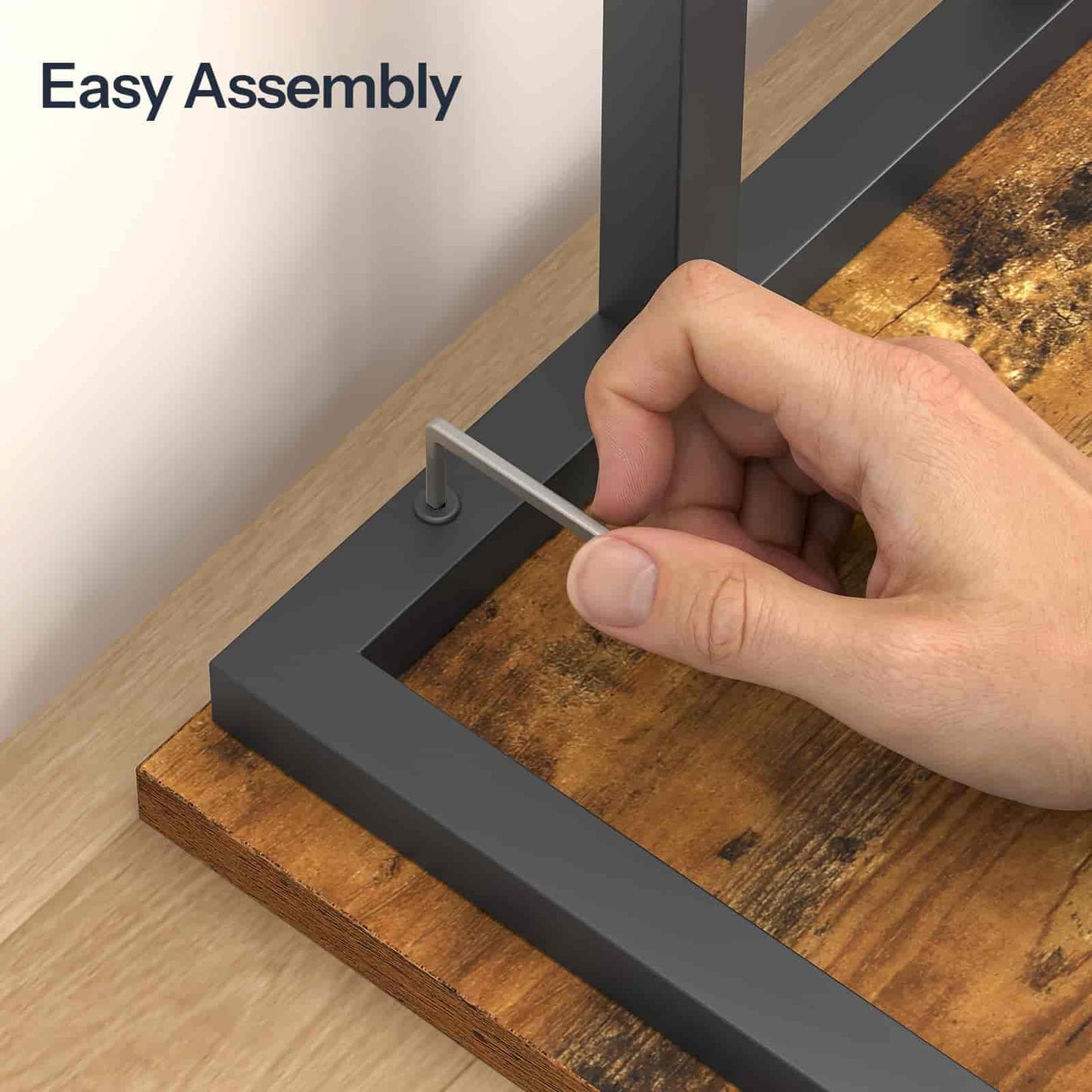 Hand assembling a piece of furniture with text 'Easy Assembly' on a wooden surface.