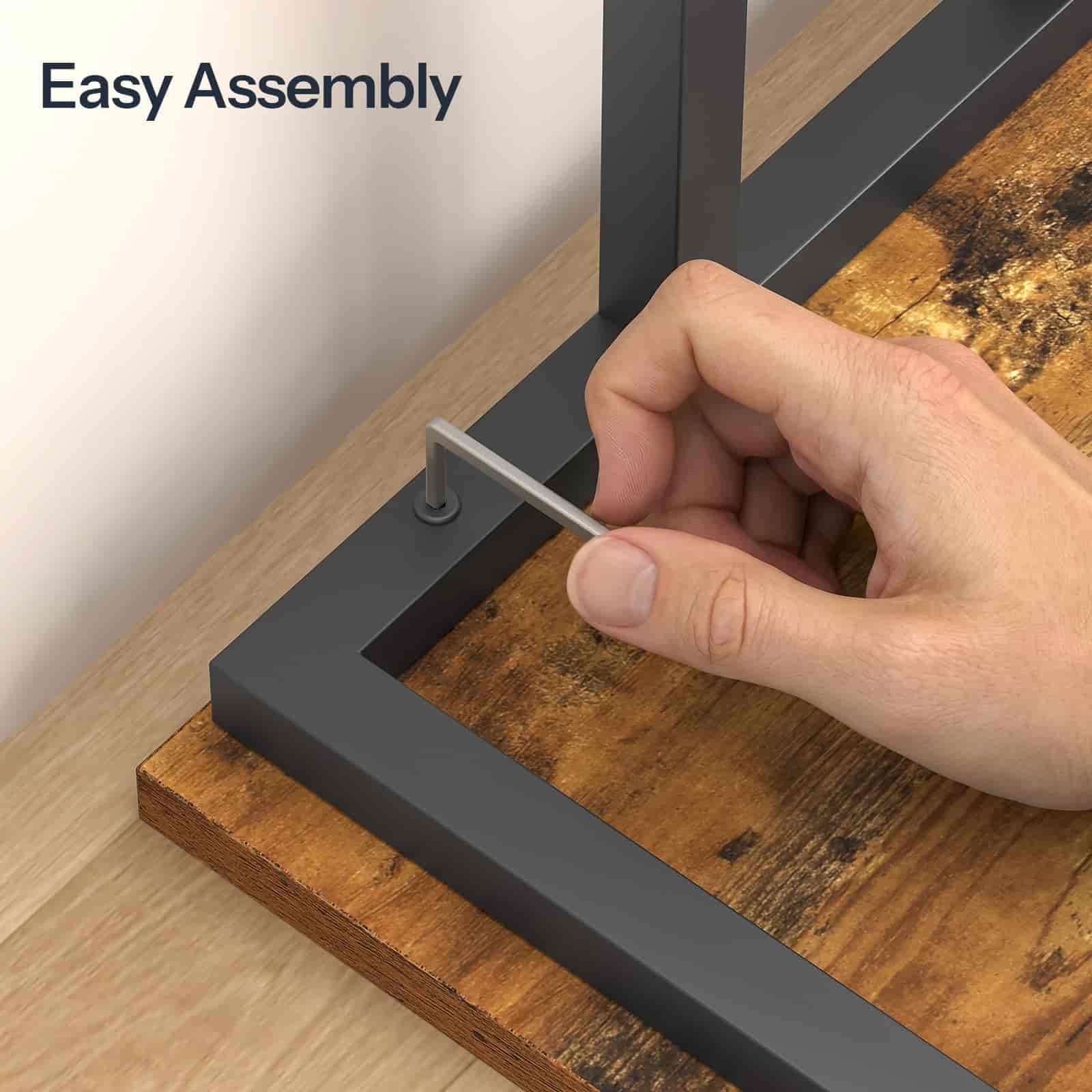 Hand assembling a piece of furniture with text 'Easy Assembly' on a wooden surface.