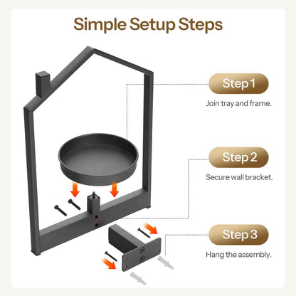 Step-by-step guide for setting up a metal tray and frame assembly with wall bracket.