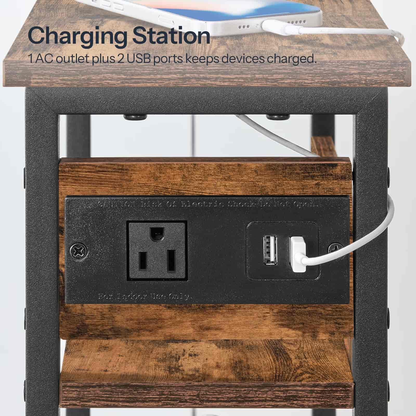 Wooden charging station with AC outlet and USB ports on a white background
