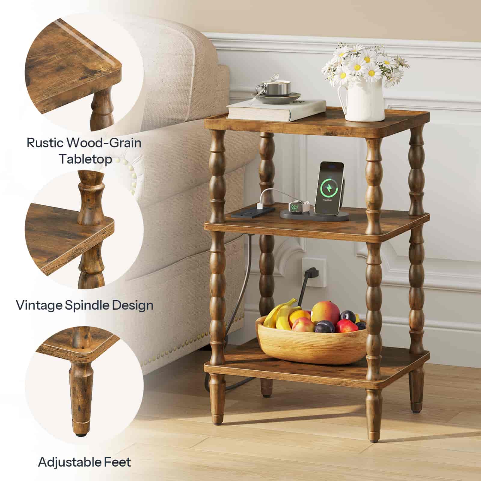 Detailed infographic showcasing the fluted turned grain columns, thick vintage boards, and non-slip adjustable leveling feet.