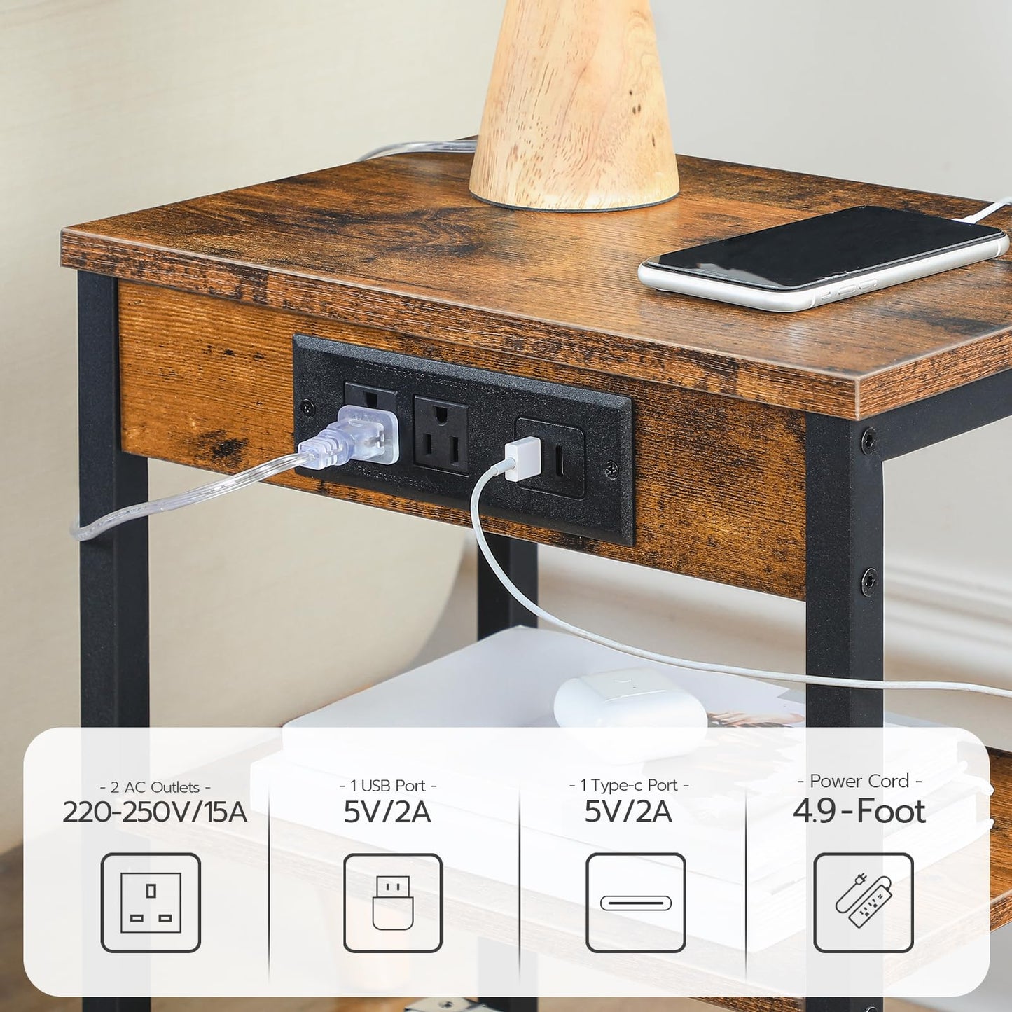 Specifications of the embedded charging station featuring 2 AC outlets and 2 USB ports.