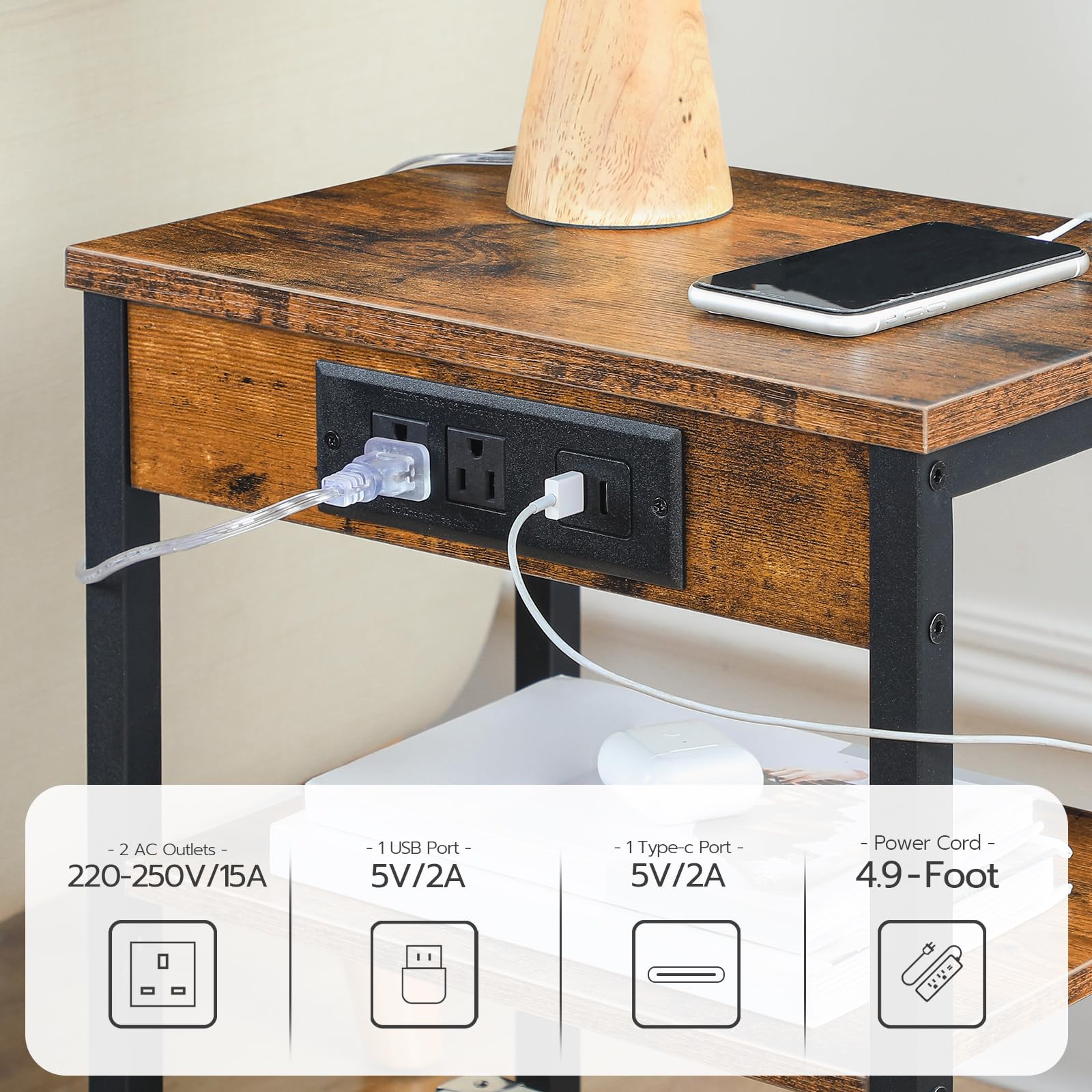 Specifications of the embedded charging station featuring 2 AC outlets and 2 USB ports.
