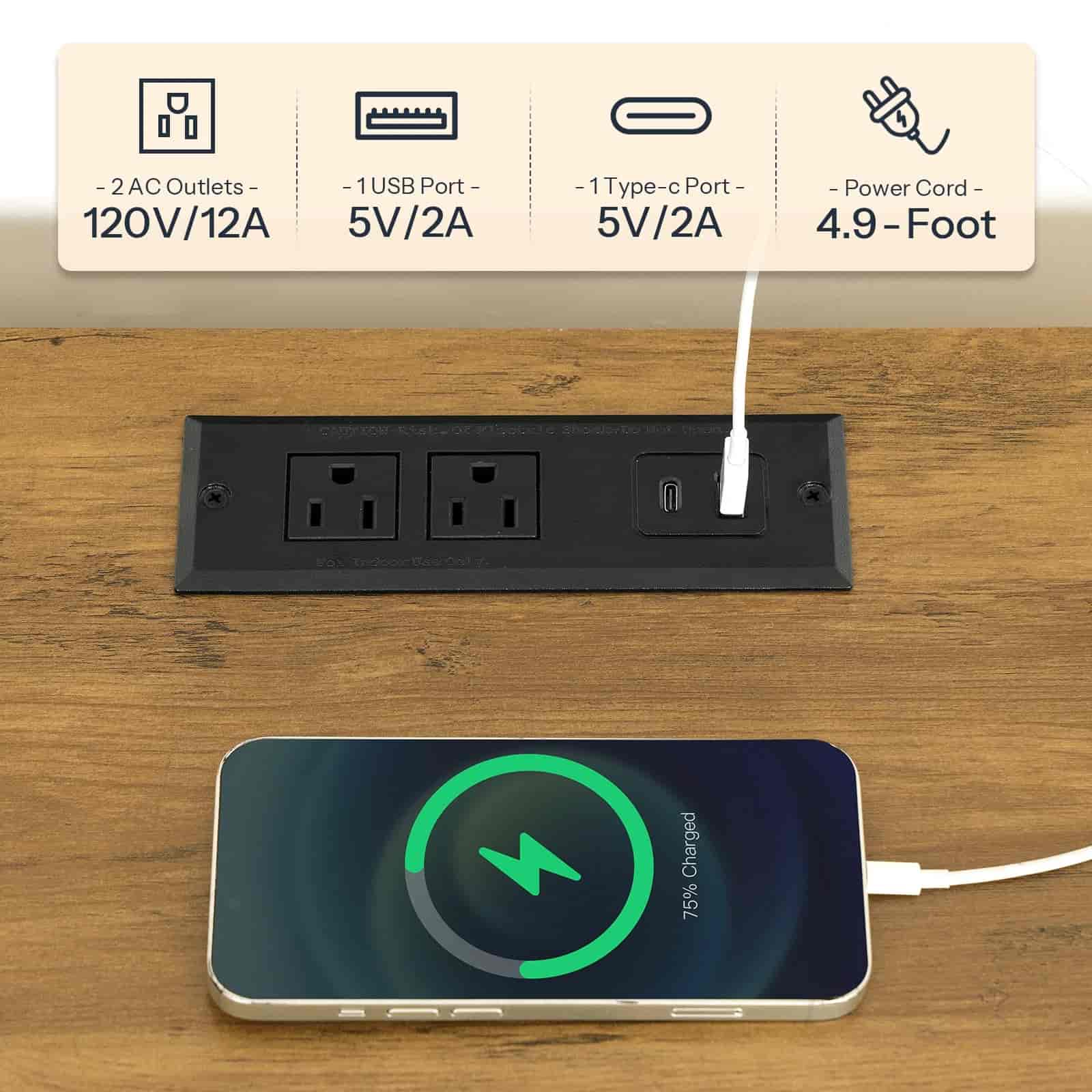 Power outlet with multiple ports on a wooden surface, connected to a smartphone charging cable.