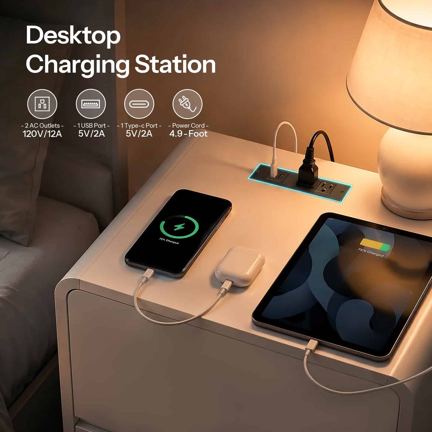 Desktop charging station on a nightstand with smartphone and tablet charging, featuring AC outlets, USB ports, and power cord.