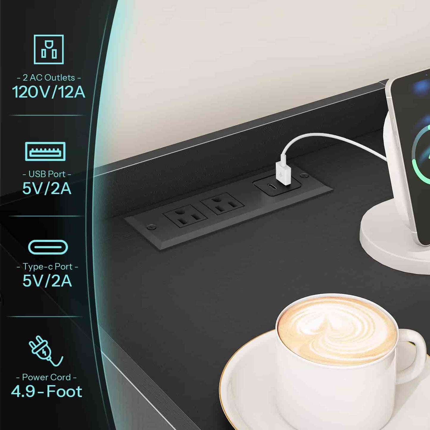 Desk setup with power outlets, USB port, and smartphone charging station, featuring a cup of coffee.