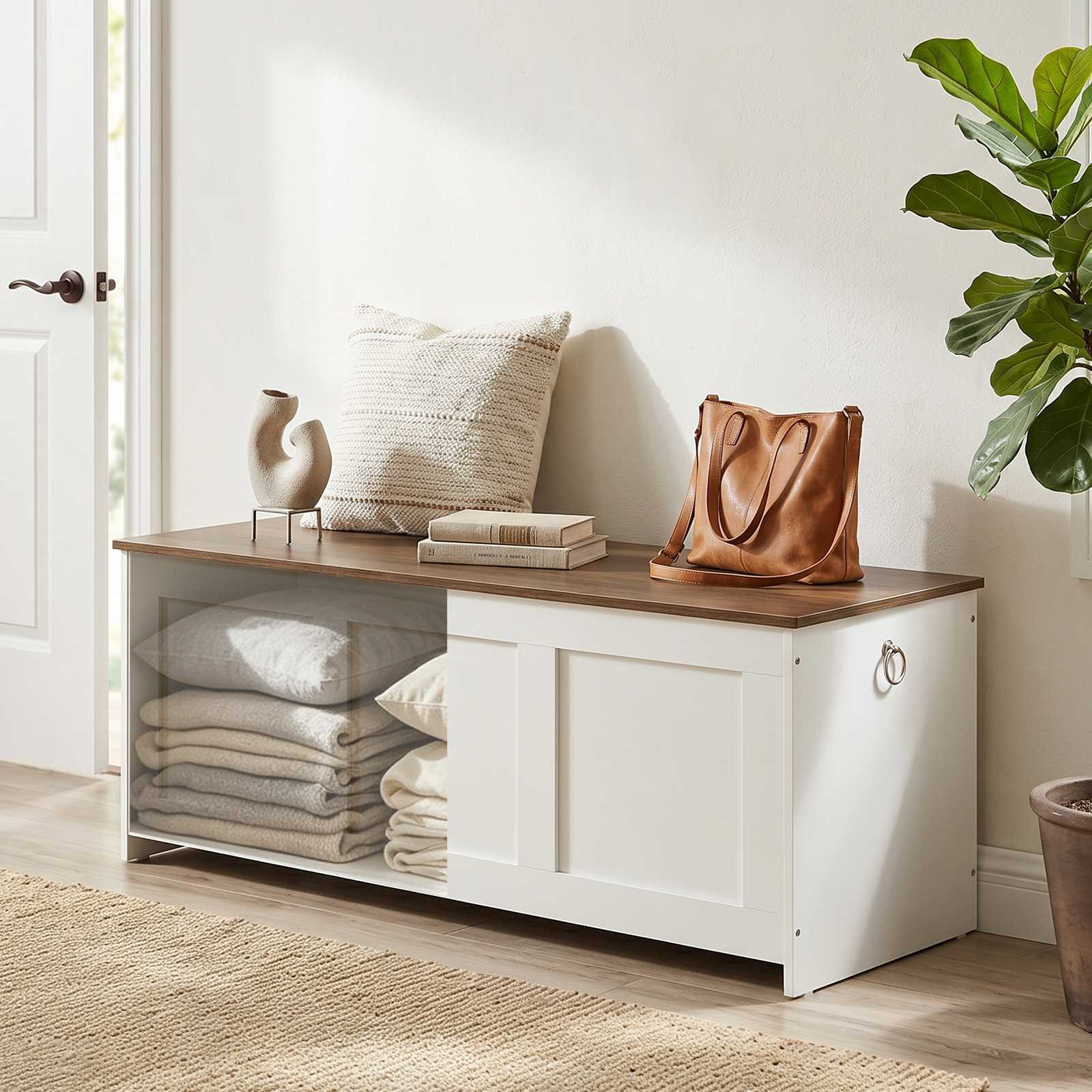 White entryway shoe storage bench styled with a leather handbag, keys, and an open cabinet shelf displaying folded blankets underneath.