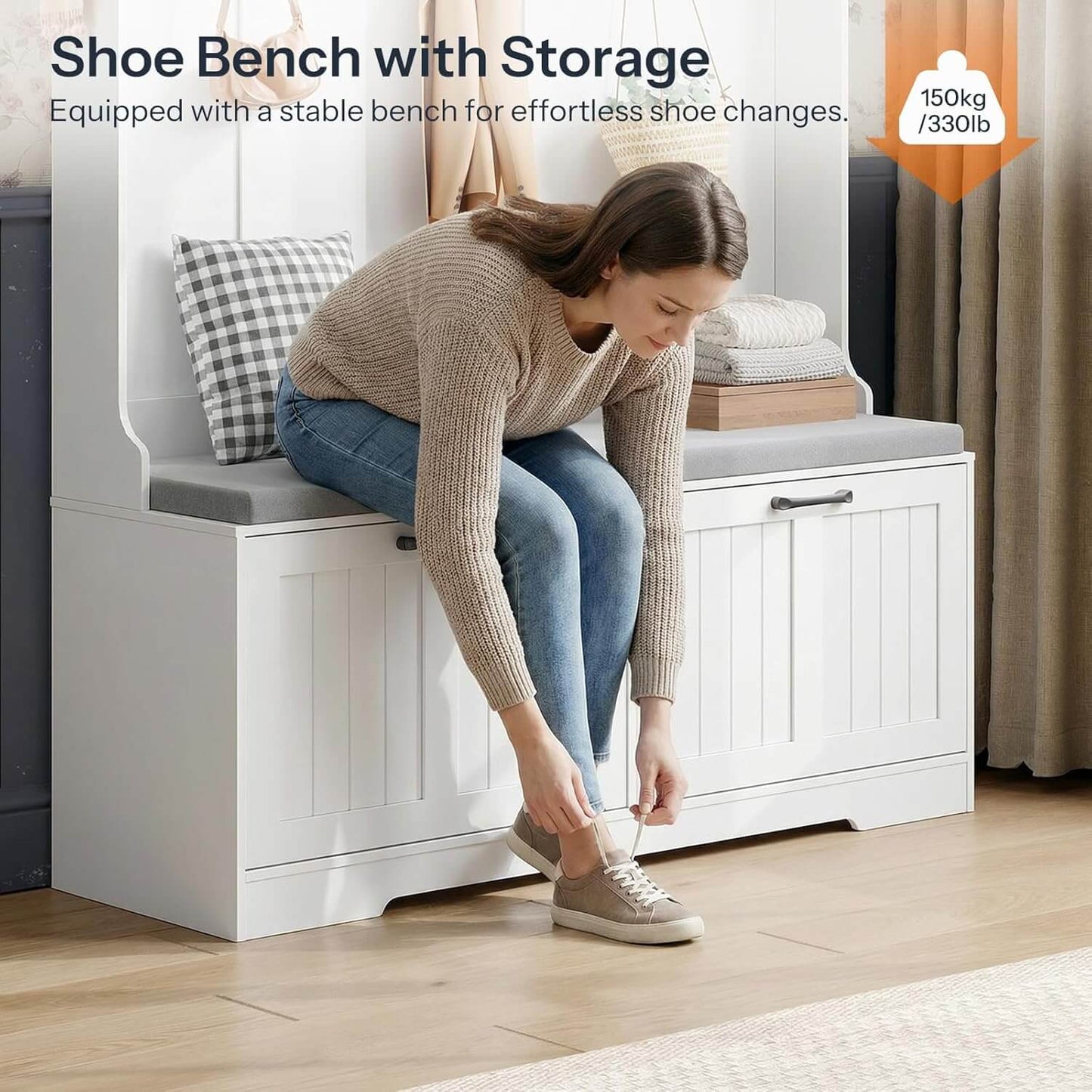 Woman sitting on a white shoe bench with storage, tying her shoes.