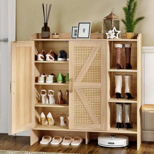 Wooden shoe cabinet with various shoes on shelves against a beige wall.