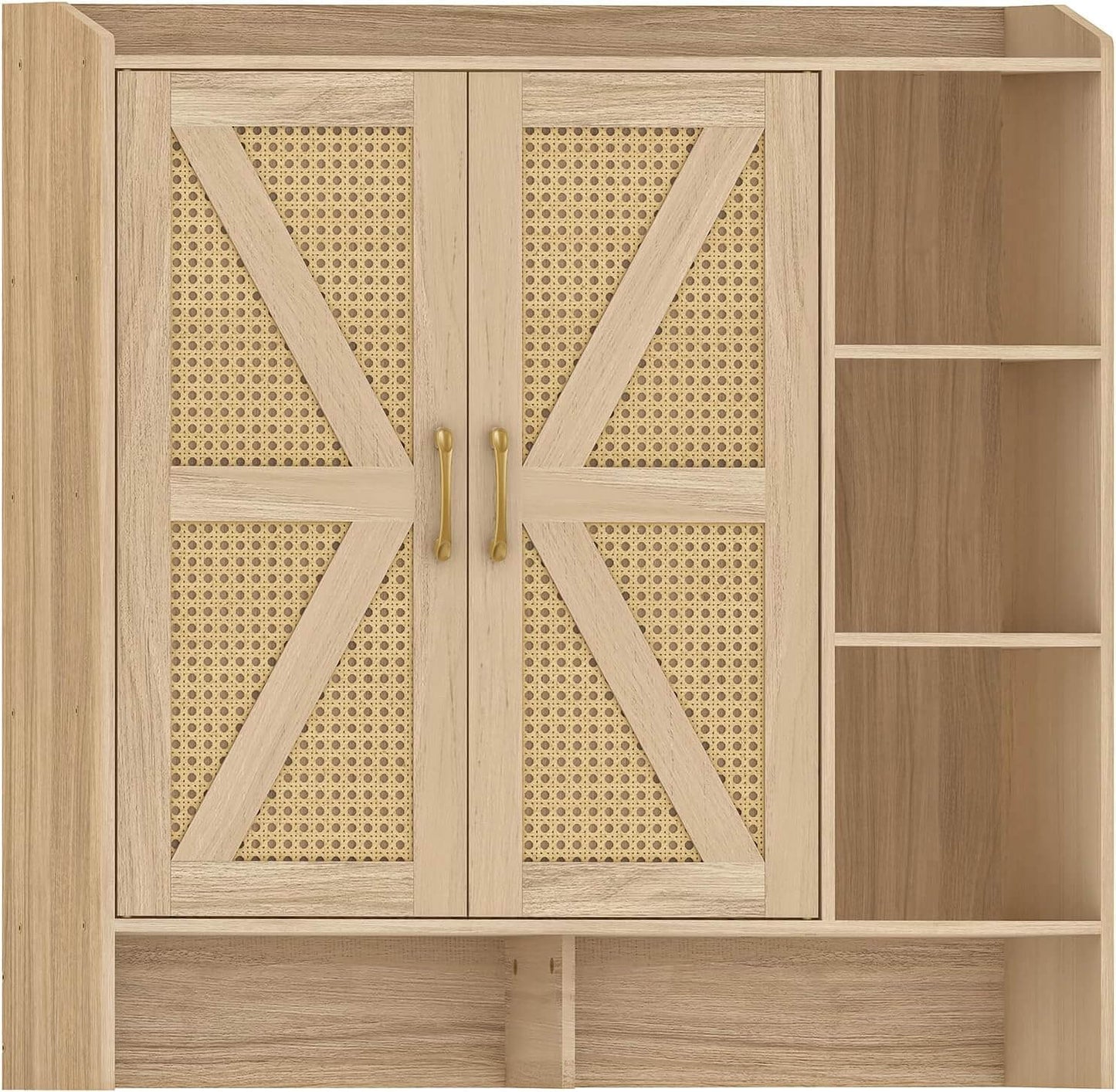 Wooden cabinet with patterned doors and shelves