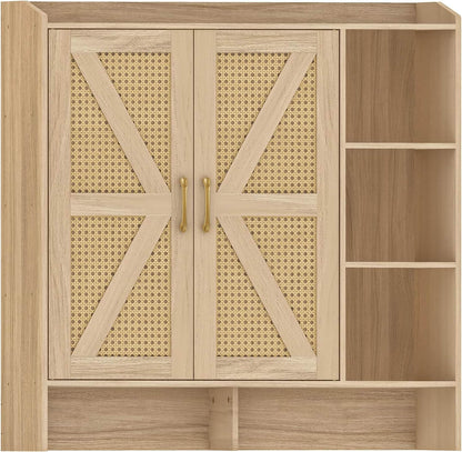 Wooden cabinet with patterned doors and shelves