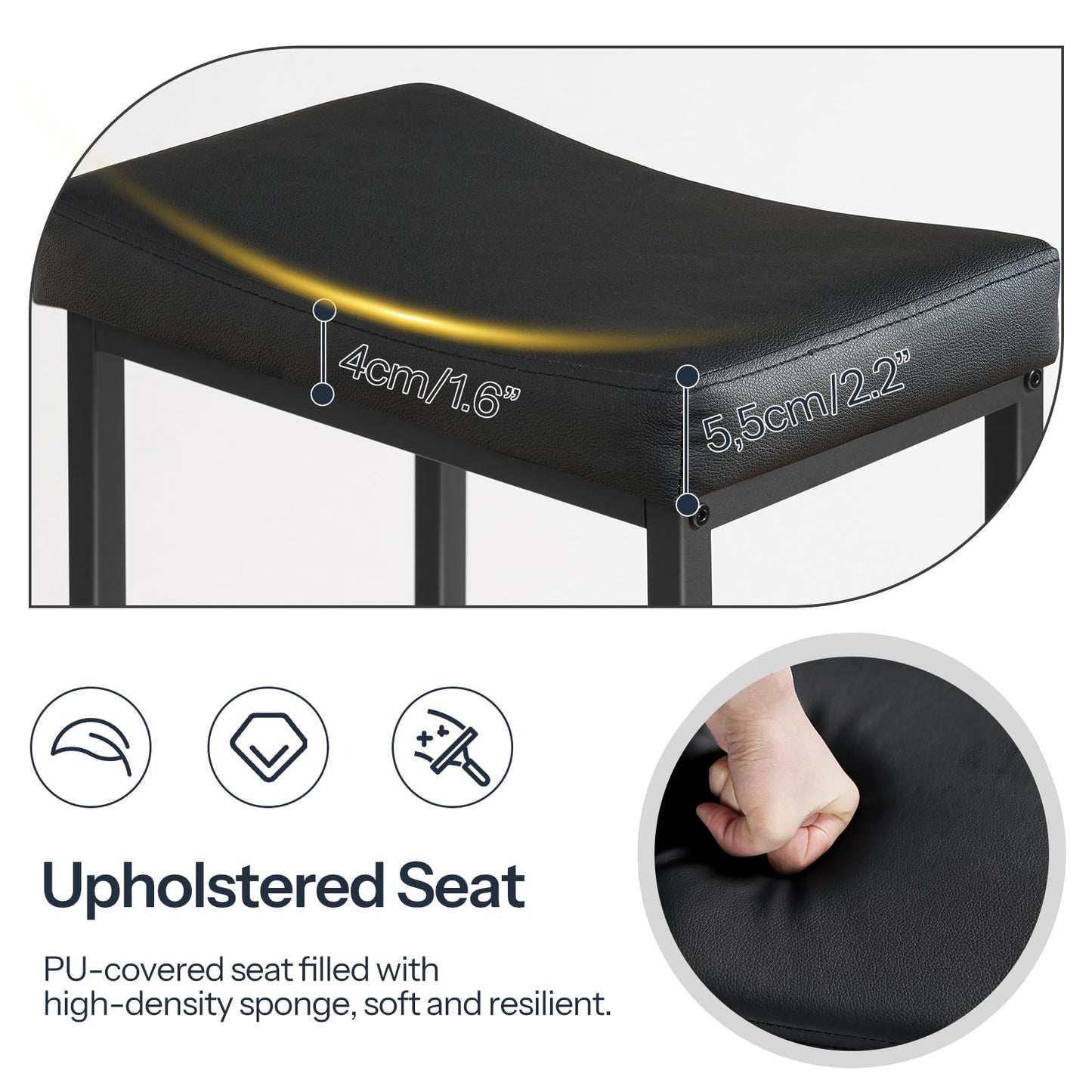 Close-up of the ergonomic curved saddle seat cushion wrapped in high-density padded black leather.