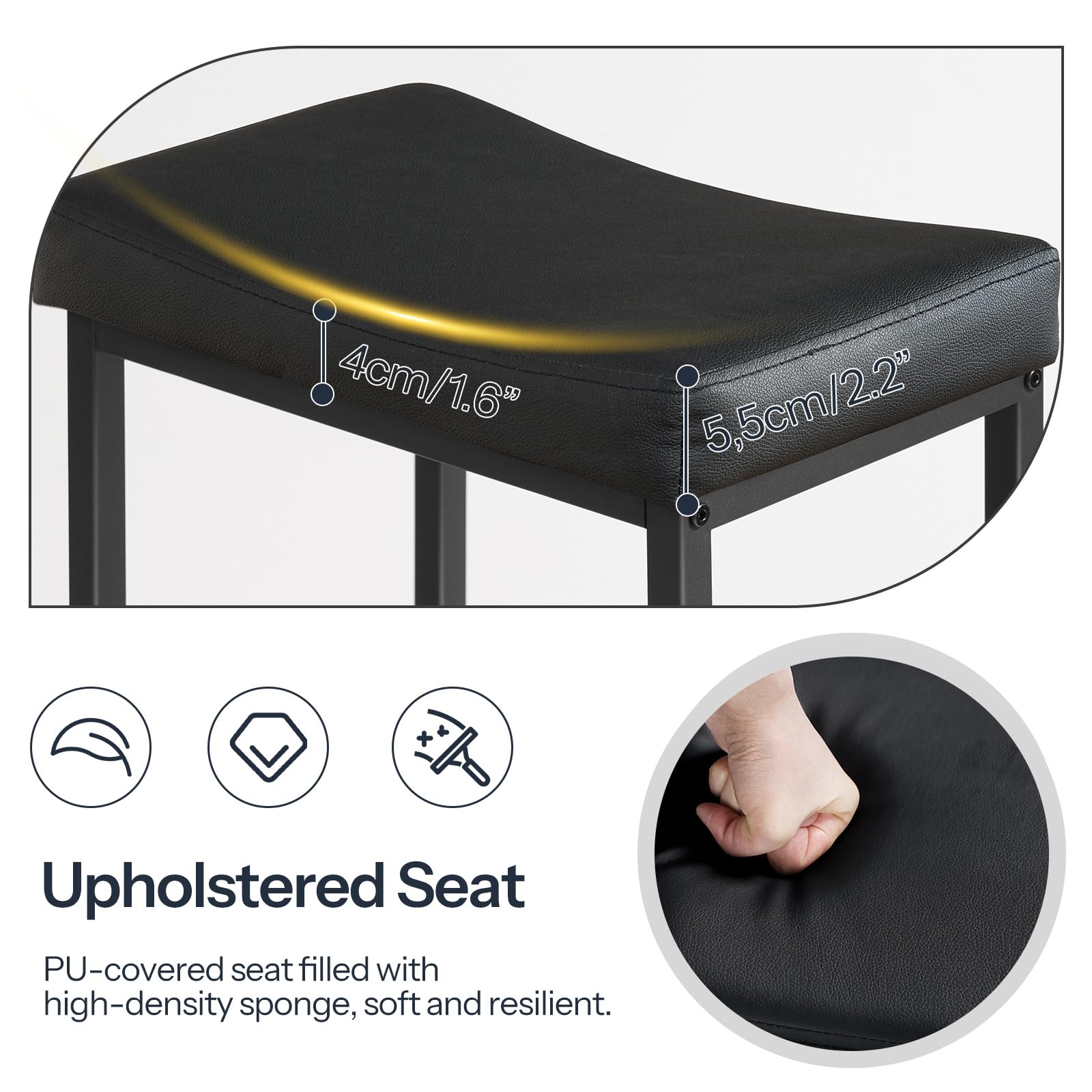 Close-up of the ergonomic curved saddle seat cushion wrapped in high-density padded black leather.