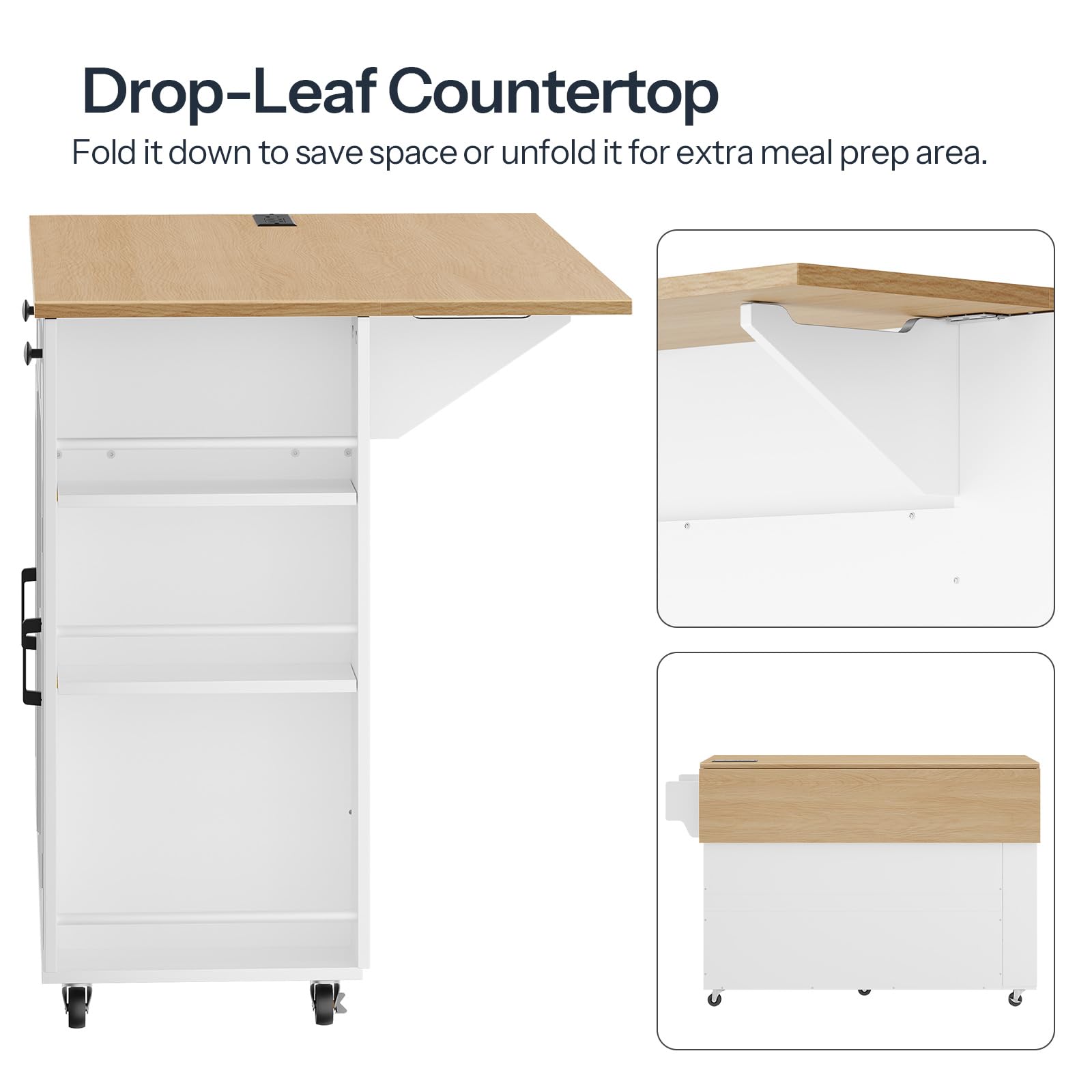 Side view demonstrating the expandable drop leaf wood countertop folding mechanism and steel supporting brackets.