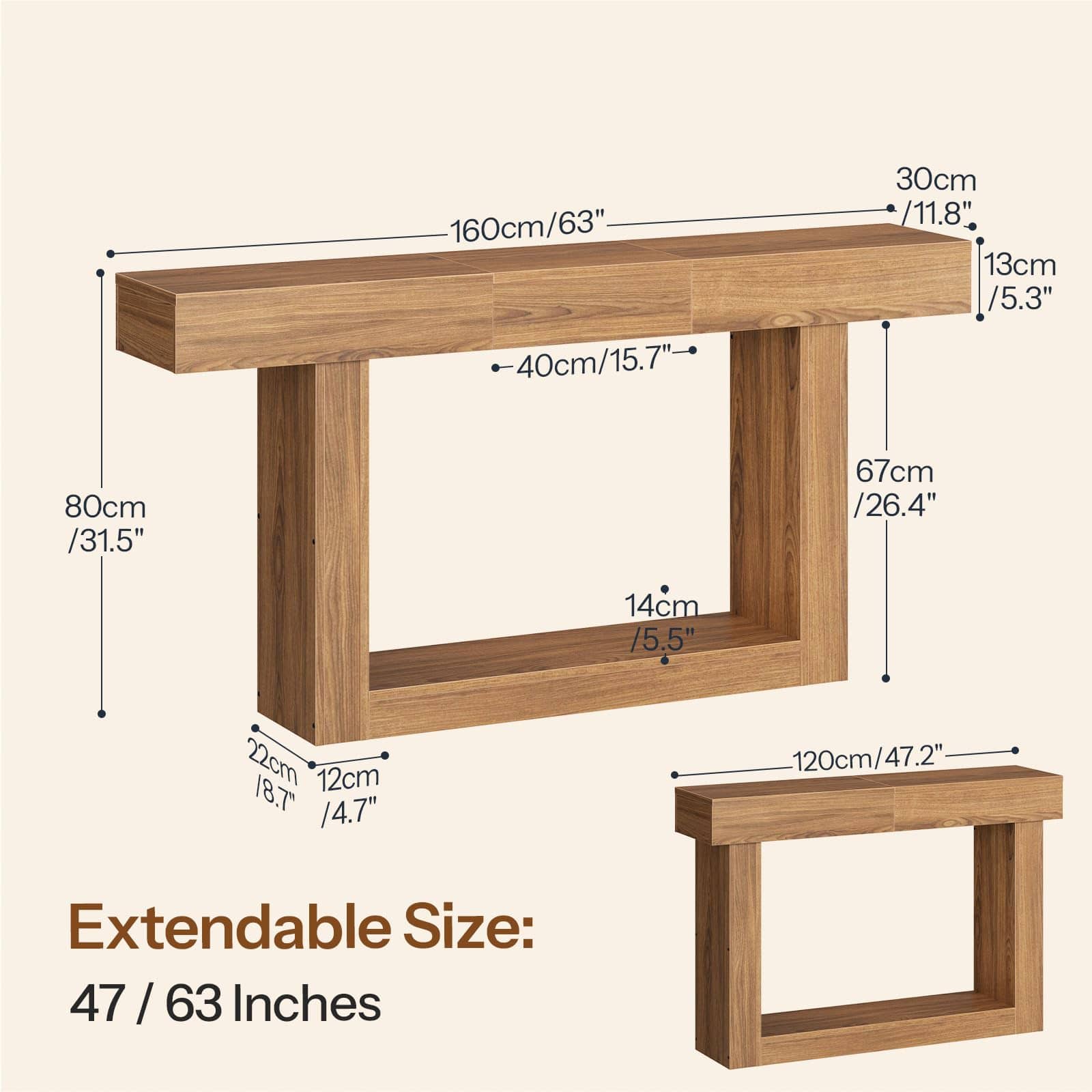 Wooden console table dimension diagram on a light beige background, showing a main 47/63-inch size with labeled measurements and an extendable size note, plus a smaller 120cm/47-inch extended view.