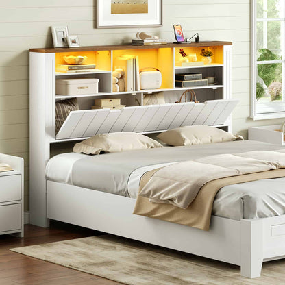 White extended farmhouse storage headboard with open storage shelves and cozy warm LED lighting integrated with a bed.