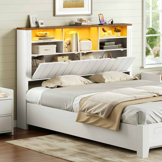 White extended farmhouse storage headboard with open storage shelves and cozy warm LED lighting integrated with a bed.