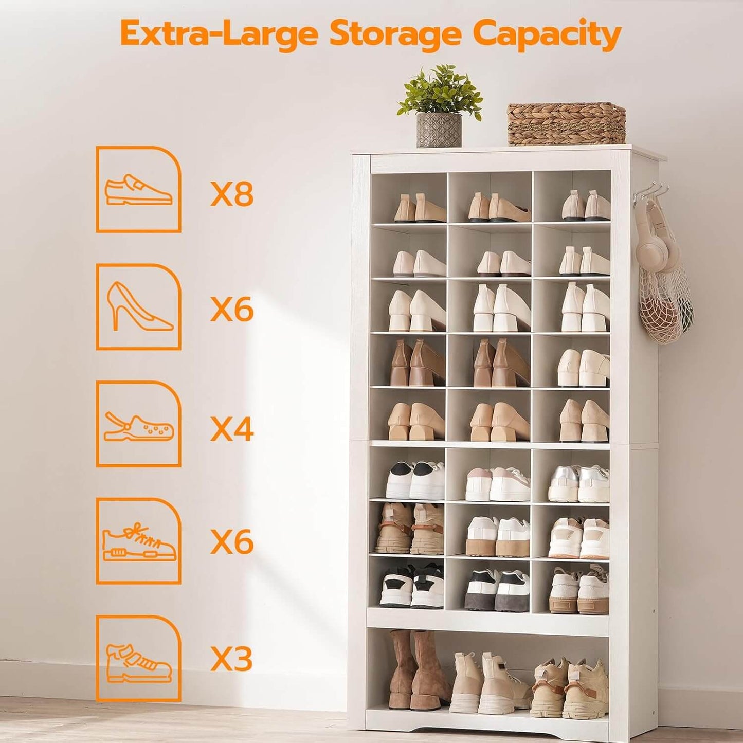 Capacity guide showing the shoe storage cabinet holding 24 pairs of sneakers, heels, and winter boots.