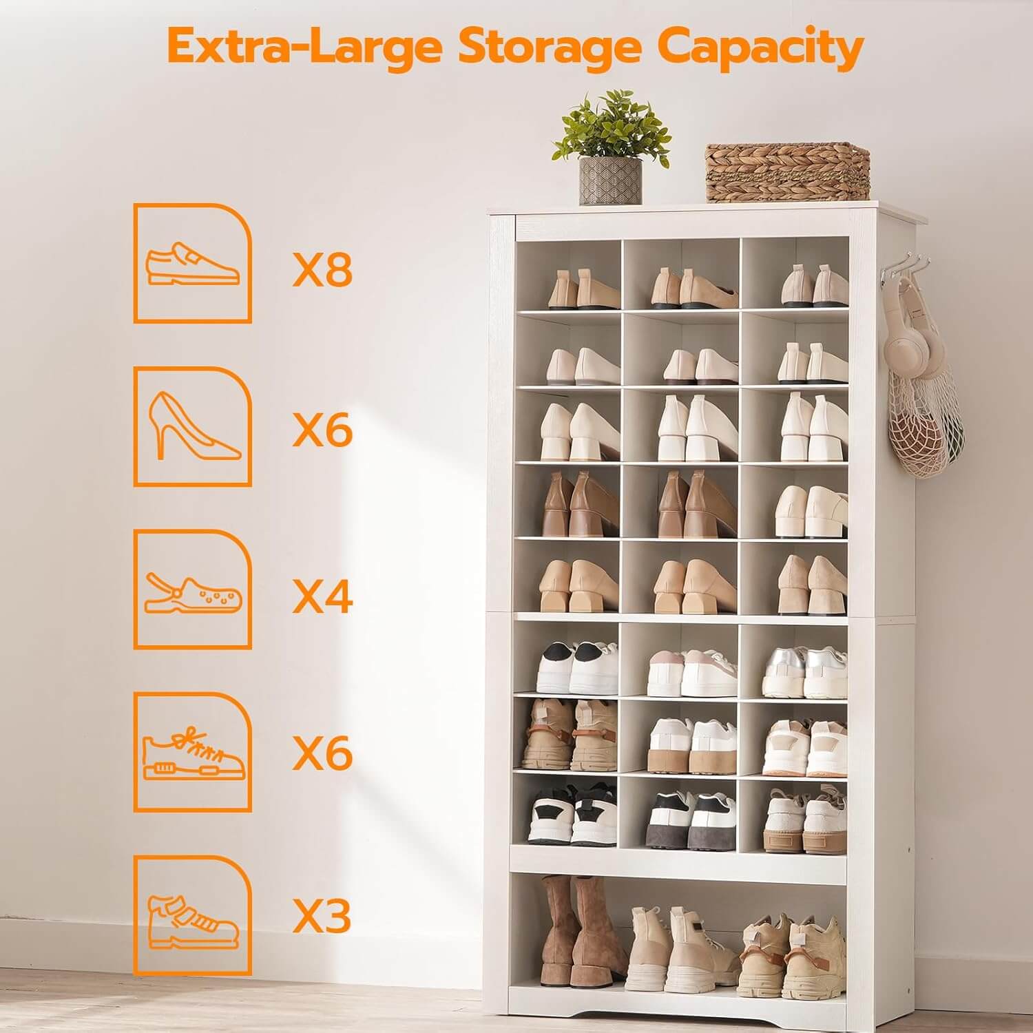 Capacity guide showing the shoe storage cabinet holding 24 pairs of sneakers, heels, and winter boots.