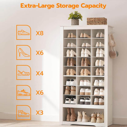 Capacity guide showing the shoe storage cabinet holding 24 pairs of sneakers, heels, and winter boots.