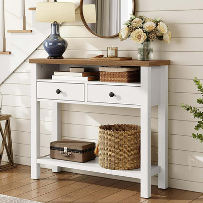 White console table with wooden top against a white paneled wall.
