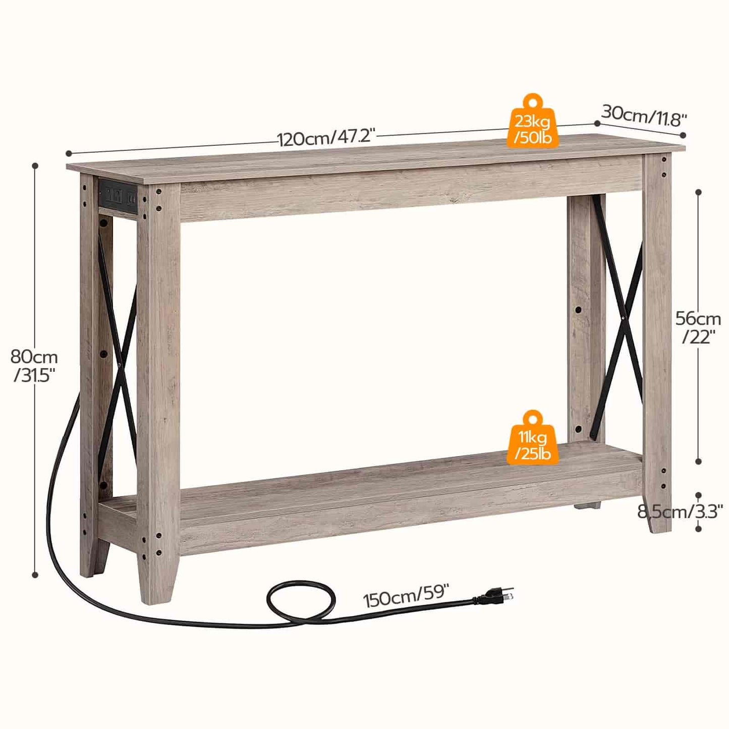 Wooden console table with dimensions and weight indicators on a white background