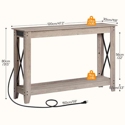 Wooden console table with dimensions and weight indicators on a white background