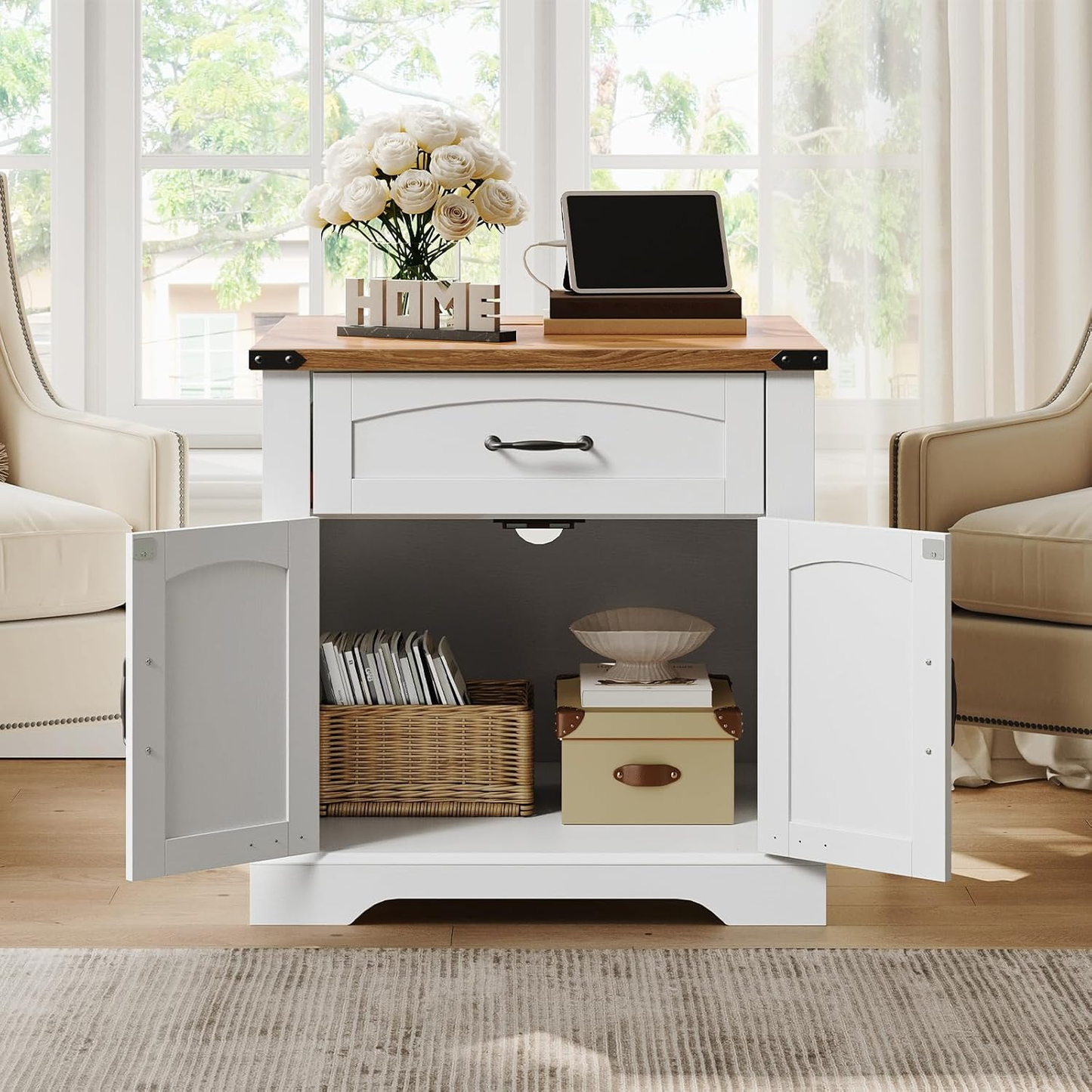 White storage cabinet with open doors in a living room setting
