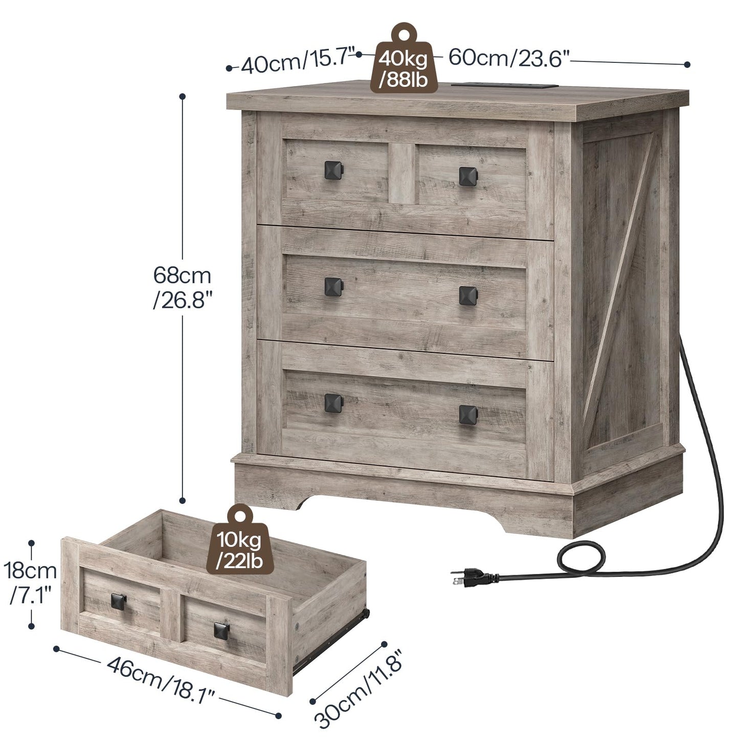 Detailed dimensions and internal drawer size specifications chart of HOOBRO farmhouse greige bedside table.