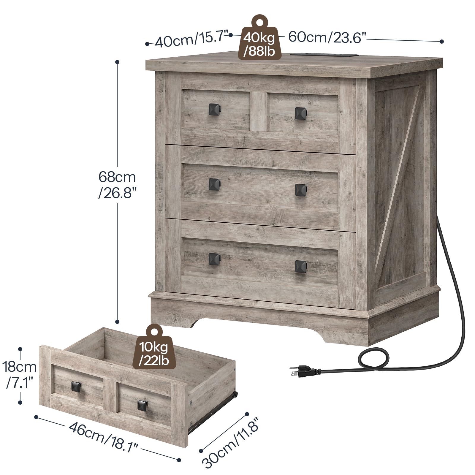Detailed dimensions and internal drawer size specifications chart of HOOBRO farmhouse greige bedside table.