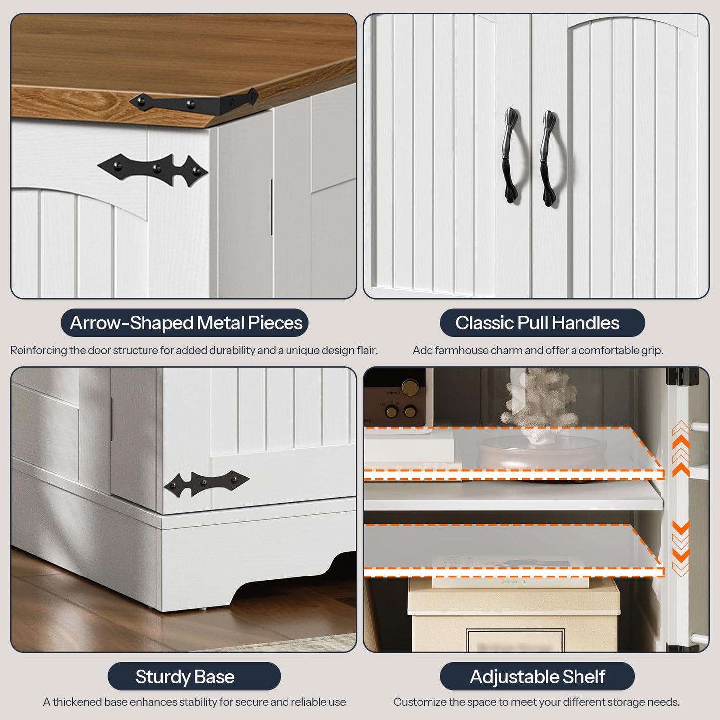 Collage of a storage cabinet with features highlighted, including arrow-shaped metal pieces, classic pull handles, a sturdy base, and an adjustable shelf.