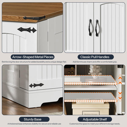 Collage of a storage cabinet with features highlighted, including arrow-shaped metal pieces, classic pull handles, a sturdy base, and an adjustable shelf.