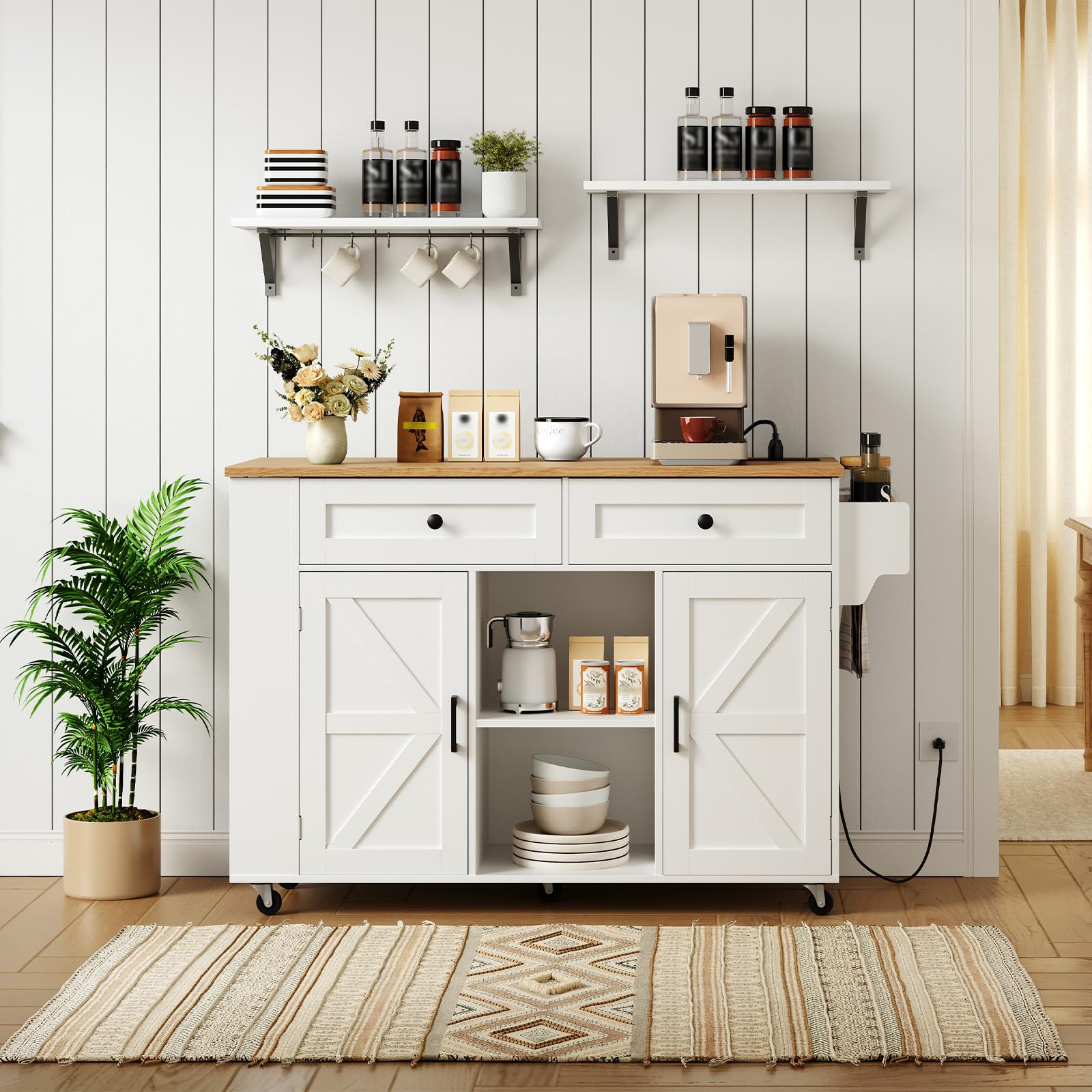 HOOBRO farmhouse style kitchen sideboard cabinet used as an elegant coffee bar station against a dining room wall.