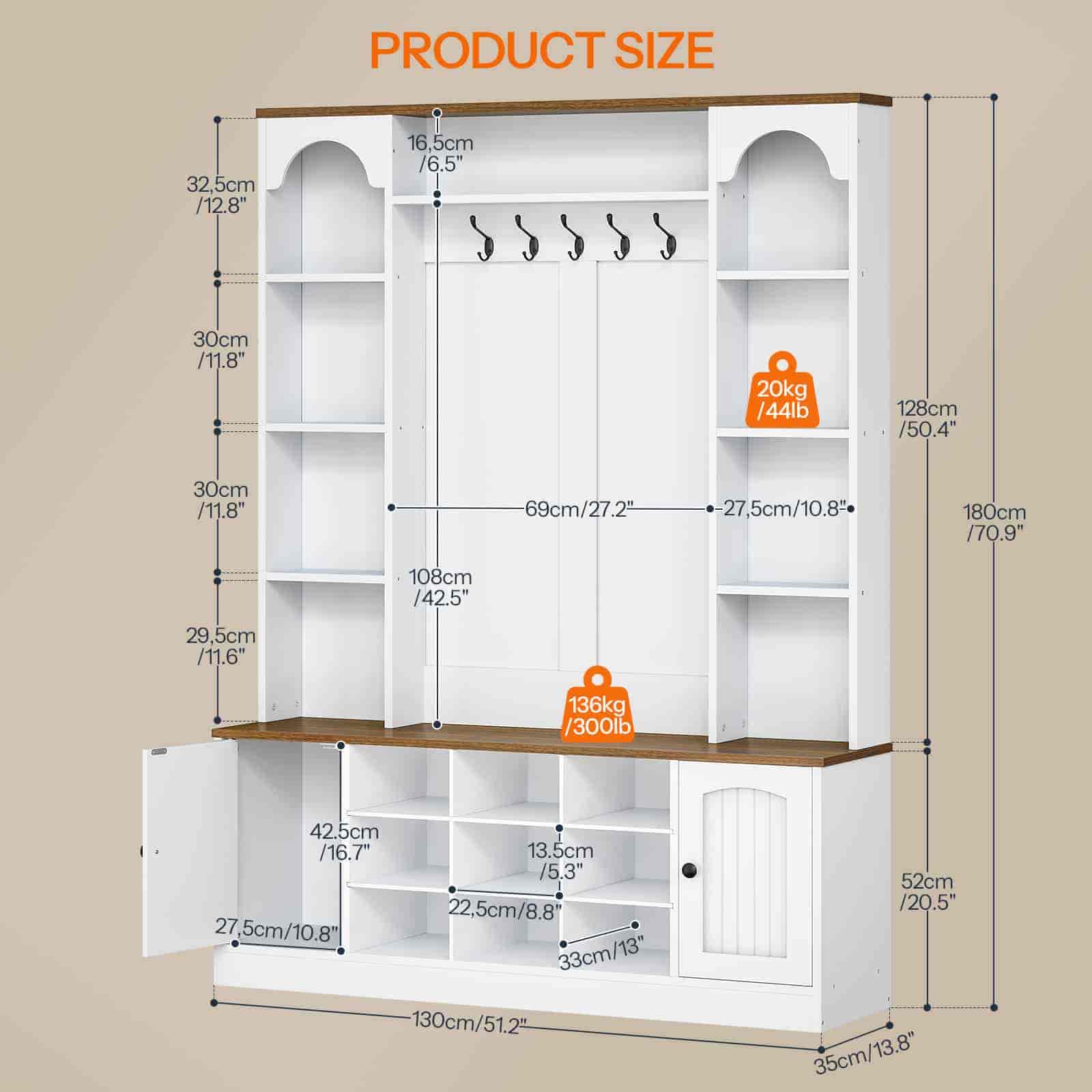 White wardrobe with wooden accents and measurements on a beige background