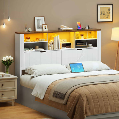 Side angled view of the farmhouse storage headboard behind pillows, showing a laptop on the bed in a modern home.