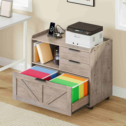 Rustic grey lateral file cabinet with a printer on top and an open drawer holding colorful hanging files in a home office.