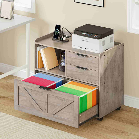 Rustic grey lateral file cabinet with a printer on top and an open drawer holding colorful hanging files in a home office.