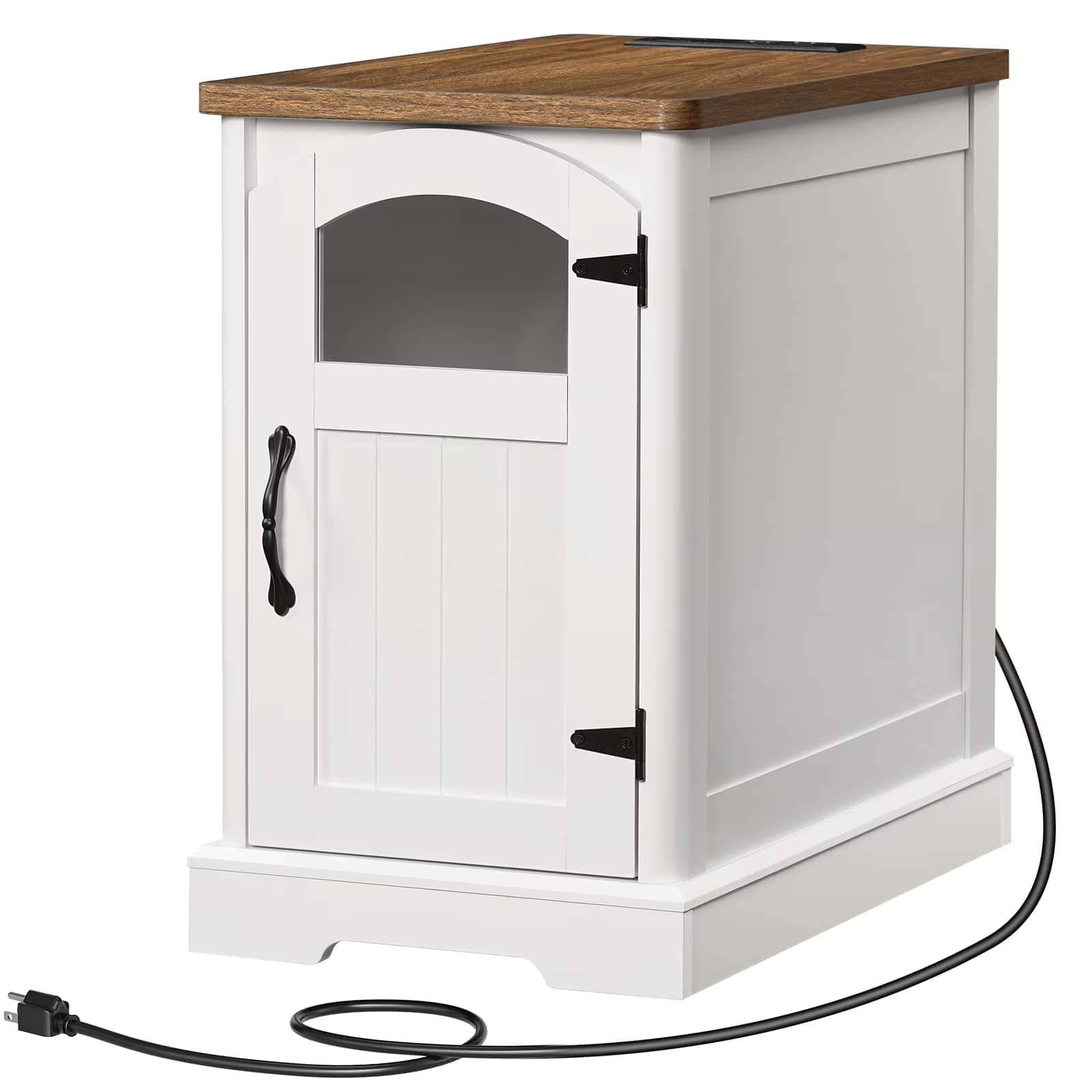 White cabinet with wooden top and black cord on a white background