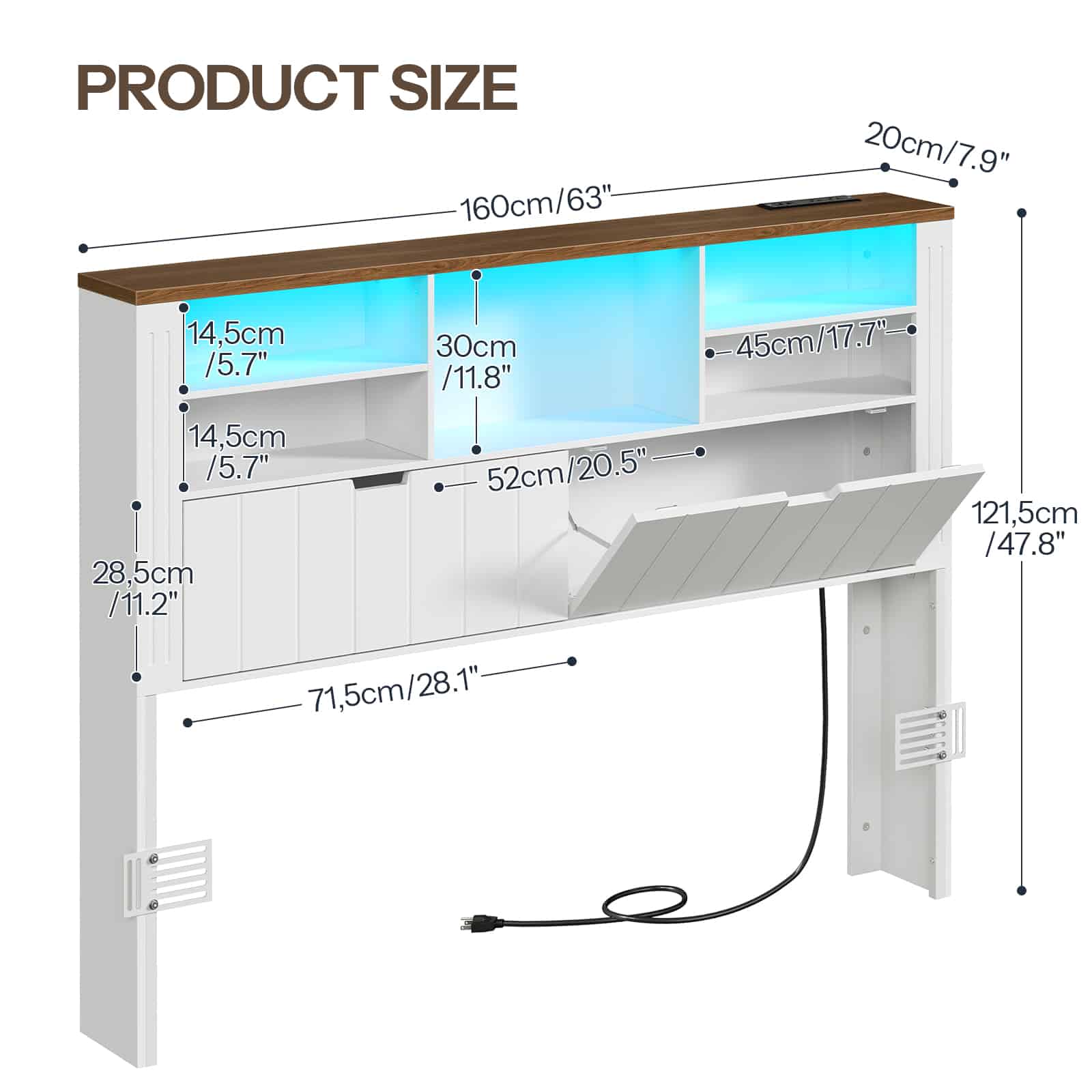 Detailed dimension chart of the storage headboard showing length, adjustable height, and internal cubby size parameters.