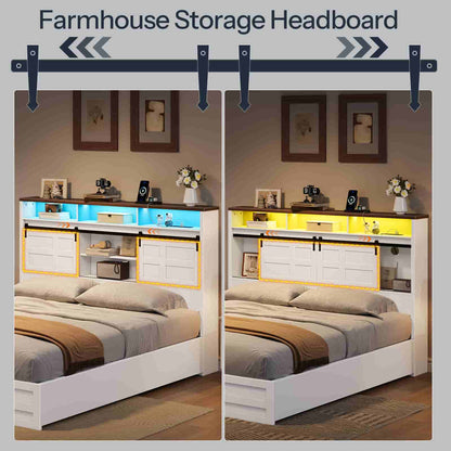 Dual panel image showing the storage headboard with cool blue and warm yellow LED lighting options.