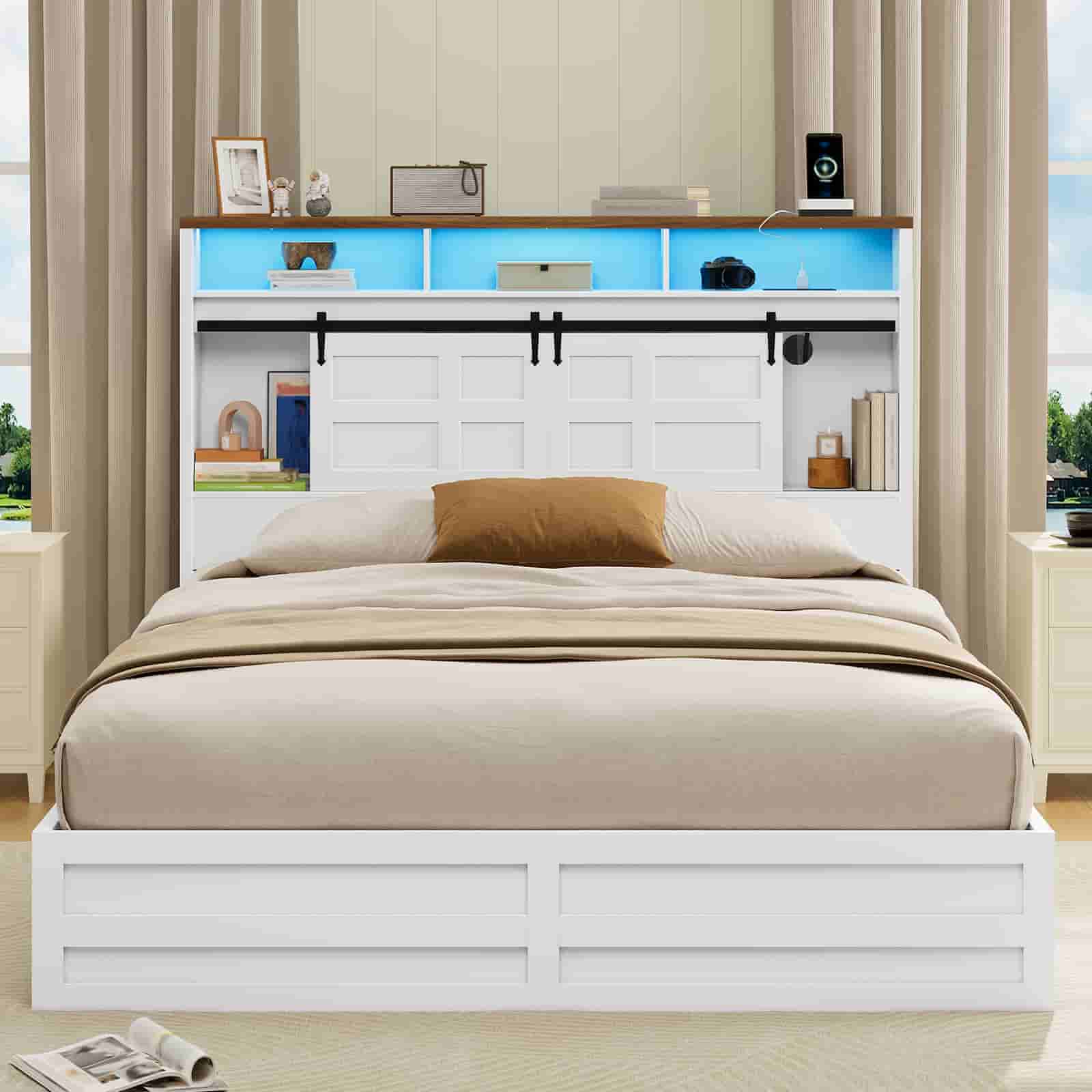 White farmhouse storage headboard with sliding barn doors and ambient blue LED lighting in a modern bedroom.