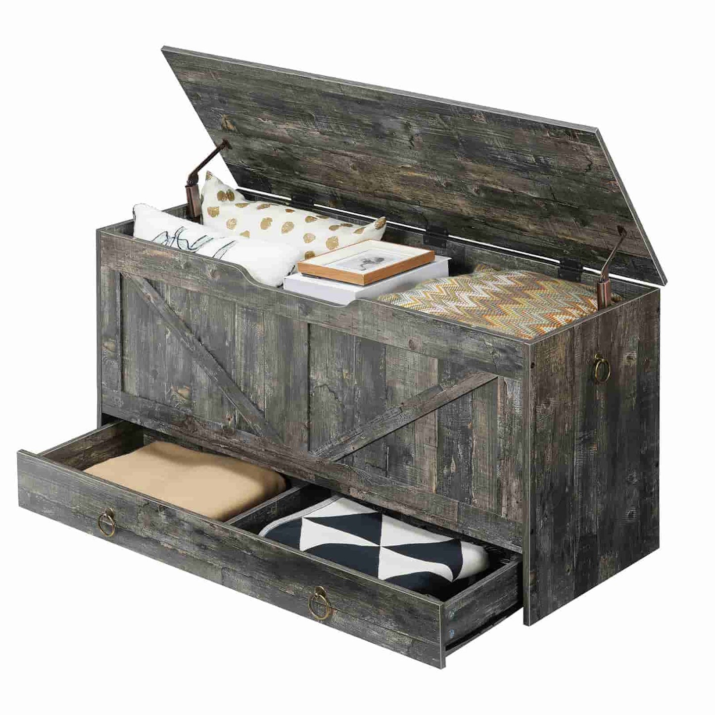 Studio shot of a rustic wooden storage trunk with the top lid open and bottom sliding drawer pulled out.