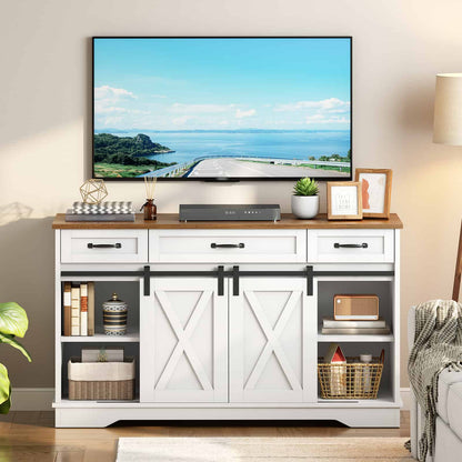 Multi-functional white farmhouse TV stand and media console cabinet holding a television in a cozy living room.