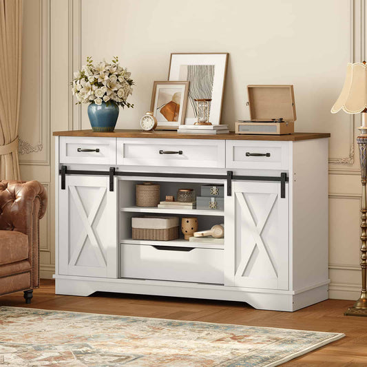 Modern farmhouse white sideboard buffet cabinet with vintage brown top and sliding barn doors styled in a living room.